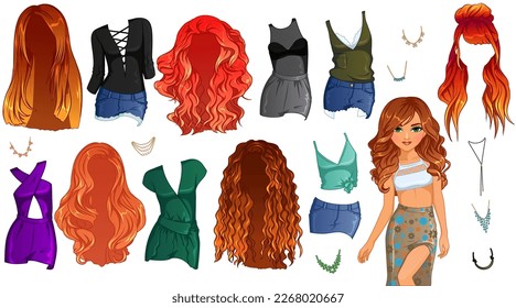 Fiery Redhead Hairstyle Paper Doll. Vector Illustration