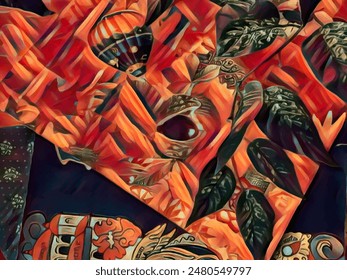 A fiery, red-themed abstract collage featuring bold, dynamic patterns, dark leaves, and intricate designs. The artwork exudes intense energy and passion, blending cultural motifs with modern elements.