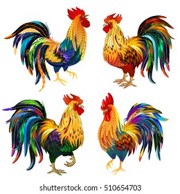  Fiery Rooster the symbol of the Chinese New Year 2017. Collection Colored Roosters  isolated on white. Vector illustration.