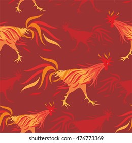 Fiery rooster - a symbol of new 2017 on the Chinese horoscope. Seamless pattern.