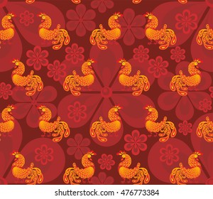 Fiery rooster - a symbol of new 2017 on the Chinese horoscope. Seamless pattern.