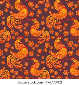 Fiery rooster - a symbol of new 2017 on the Chinese horoscope. Seamless pattern.