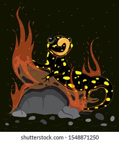 Fiery salamander on a tree on fire