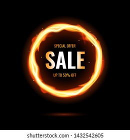 Fiery sale design template with burning ring on black backgroud. Hot sale design with fire. Realistic vector illustration. Special offer dicount.