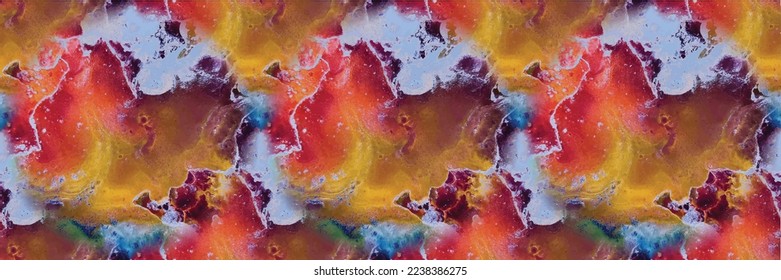 Fiery Seamless Pattern. Fire Ink Watercolor. Acrylic Ink Splash Space. Liquid Fire Background. Fluid Science Illustration. Vector Abstract Science. Sunny Trippy Splash. Water Color Sun Paint.
