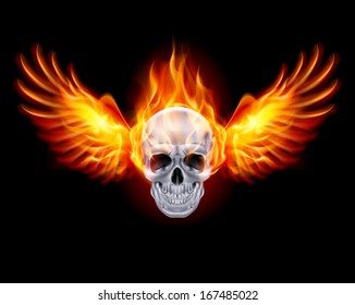 Fiery skull with fire wings on black background.