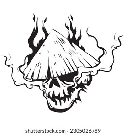 fiery and smoking skull head illustration with hat, doodle and halloween art, tattoo