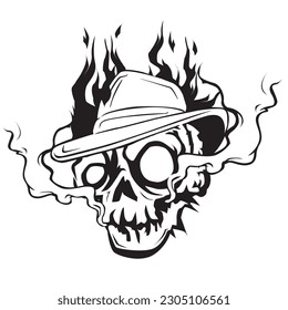 fiery and smoking skull head illustration with cowboy hat, doodle and halloween art, tattoo