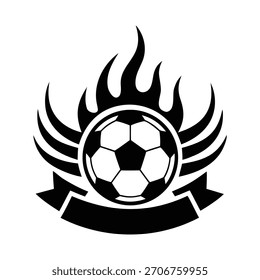 Fiery soccer ball emblem with abstract flames and blank banner design vector graphic	