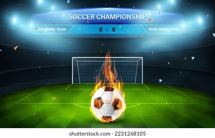 Fiery pelota de fútbol en un campo con la puerta del gol y focos reflectores encendidos en un estilo realista. Una pelota de fútbol en llamas en el estadio verde. Fiery pelota de fútbol en el campo de juego del estadio. Vector.