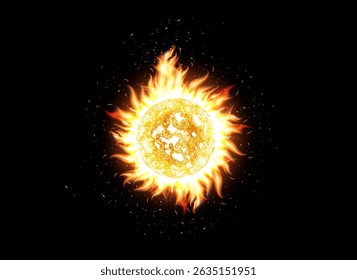 Fiery solar sphere with fire flames for global warming topic, weather alerts, wildfires, solar activity and climate impact. Vector illustration.