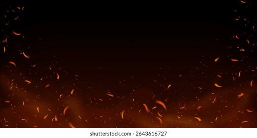 Fiery sparks and embers flying upward on dark background. Glowing flame effect with smoke, ash and burning particles. Perfect for fireplace, grill or industrial fire concepts. Realistic vector overlay