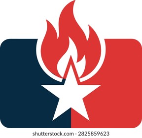 Fiery star superimposed on Texas flag, symbol of patriotism and American pride, national identity.
