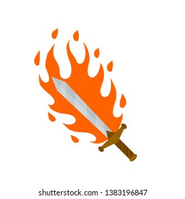 Fiery sword. Magic weapon of knight, sorcerer, magician. Fire spell. Burning blade. The medieval element of game. Dangerous hotter the flames.