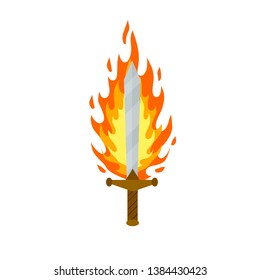 Fiery sword. Magic weapon of knight, sorcerer, magician. Fire spell. Burning blade. The medieval element of game. Dangerous hotter the flames.