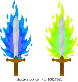 Fiery sword. Magic weapon of a knight, a sorcerer, a magician. Green acid and blue Fire spell. The medieval element of the game. Dangerous cold flames. Cartoon flat illustration. Burning blade. 