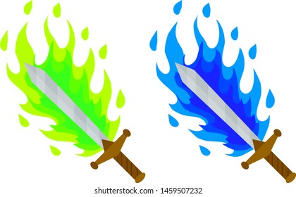 Fiery sword. Magic weapon of a knight, a sorcerer, a magician. The medieval element of the game. Dangerous cold flames. Cartoon flat illustration. Burning blade. Green acid and blue Fire spell