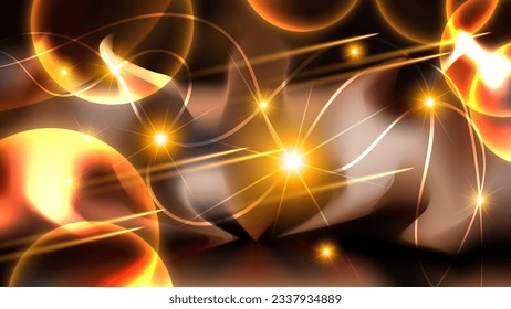 Papel de pared tecnológico encarnizado. Una caótica mezcla de destellos, luces, chispas, resplandor, meteoritos, franjas onduladas translúcidas contra el fondo del fuego. Vector.