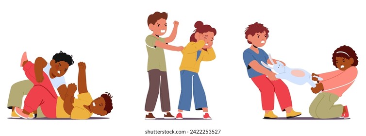 Fiery Tempers Clash As Angry Kids Engage In A Tumultuous Battle, Fueled By Frustration And Youthful Intensity, Creating A Chaotic Spectacle Of Emotions And Energy. Cartoon People Vector Illustration