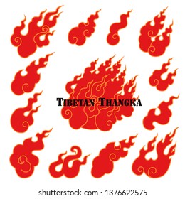 
 Fiery tongues. A collection of various images of flame forks in the buddhist tradition. Vector isolated objects on white background. Clipart.  