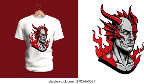 Um design de camiseta ardente com um rosto demoníaco envolto em chamas vivas, chifres estilizados, características cinzeladas e detalhes brilhantes de membros. A paleta em negrito, formas angulares e expressão de gravação intensa