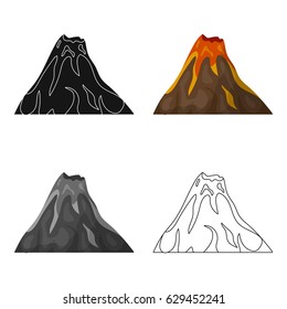 A fiery volcano.A mountain in which there is a volcanic eruption.Different mountains single icon in cartoon style vector symbol stock illustration.
