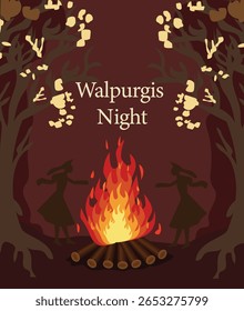  Fogo Walpurgis Bonfire Noite na ilustração de madeira de outono