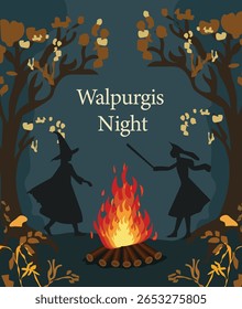  Fogo Walpurgis Bonfire Noite na ilustração de madeira de outono