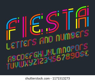 Fiesta alphabet with numbers and currency signs. Colorful letters font.