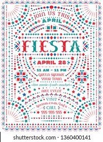 Fiesta announce poster template with Mexican national decorative elements. Western style text for invitation for fiesta party. Mexico folk lace and embroidery motives for ornate vector background.