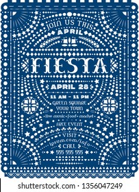 Fiesta celebration announce poster design with paper cut. Customized Western style text for invitation for fiesta party. Papel picado banner with Mexican lacy motives. Ornate vector template.