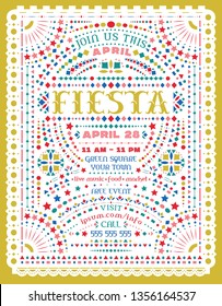 Fiesta celebration announce poster design. invitation for fiesta party. Papel picado banner with Mexican lacy motives. Ornate background. Vector template.