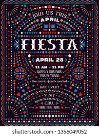 Fiesta celebration announce poster template with Mexican national decorative ornaments. Bright banner with Mexico folk lace and embroidery motives. Ornate background. Vector design.