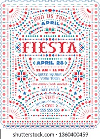 Fiesta celebration announce poster template. Customized Western style text for invitation for fiesta party. Mexican lacy and embroidery motives for ornate background. Vector design.