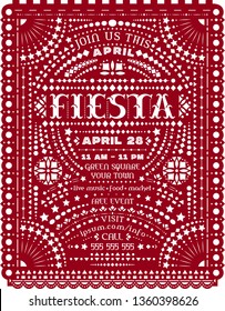 Fiesta celebration poster design with paper cut. Customized Western style text for invitation for fiesta party. Papel picado banner with Mexican lacy motives. Ornate vector background.