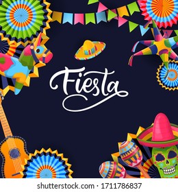 Fiesta Cinco de Mayo square black background. Poster or greeting gift card with calligraphy lettering and Mexican national symbols. Holiday banner design. Vector flat cartoon illustration