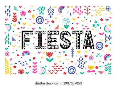 Cartel colorido de Fiesta. Ilustración vectorial festiva con flores y decoraciones. Cartel de Fiesta, emblema, logotipo para afiche, banner, diseño de tarjeta.