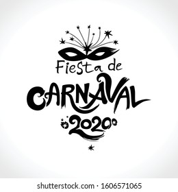 Fiesta de Carnaval. 2020. Das Logo auf Spanisch wird wie folgt übersetzt: Karnevalsfeier. 2019. Handgezeichnete Vektorillustration mit Masquerade Maske.