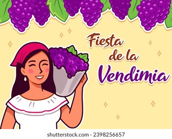 Fiesta de la Vendimia (Grape harvest festival in Spanish). Pretty hispanic woman holding basket of grapes.  