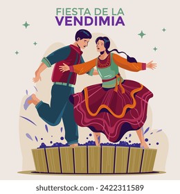 Fiesta de la Vendimia mean Grape harvest festival in Spanish with couple stepped on the grapes in the basket