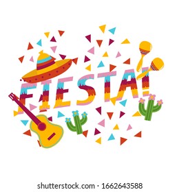 Fiesta exclamation surrounded by confetti sombrero maracas guitar national mexican symbols cartoon flat illustration in mexican stile