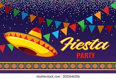 Fiesta Flyer. Mexican Party Invitations, Bright Vector Latino Design For Birthday Invitation Event Banner And Advertisement Poster With Garland And Sombrero