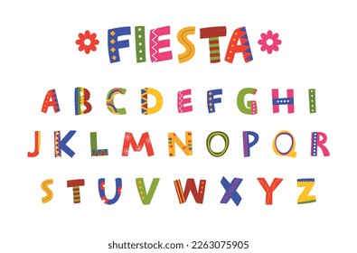 Fiesta font abc English letters Mexican traditional colored ornate vector flat illustration. Carnival festival lettering script vibrant art bright decor inscription floral geometric holiday design