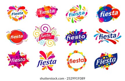 Fiesta holiday party and fun carnival event symbols, bright fete vector icons with confetti, ribbons and festive fireworks. Birthday party, summer fiesta and street carnival, entertainment event icons