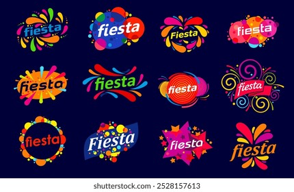 Fiesta holiday party icons, fun carnival event and bright fete symbols. Entertainment event vector signs with color ribbons, confetti and fireworks, stars and sparkles. Summer fest or fete icons