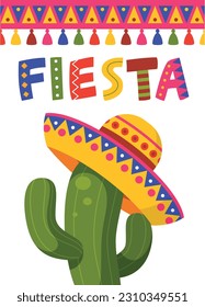 Fiesta holiday party poster with cactus in Mexican sombrero hat isometric vector illustration. Mexico traditional festival amusement advertising with bright flags and tassel. Event greeting invitation