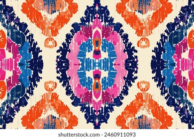 Fiesta Ikat vibe, seamless celebration pattern, festive bright colors, lively textile design, party-inspired fabric