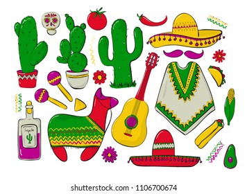 Fiesta and Latin American festivals. A set of elements for design on a theme of mexico. Traditional Spanish objects. Poncho and sambrebo. Guitar and maracas. Tequila with cactus