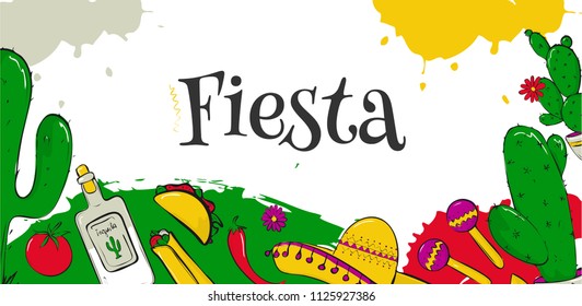Fiesta and Latin theme of mexico. Traditional Spanish objects. Tequila with cactus