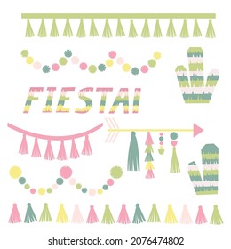 Fiesta Lettering. Cactus Party Decoration Set. Tassels Pompoms Wreath.  Vector Illustration